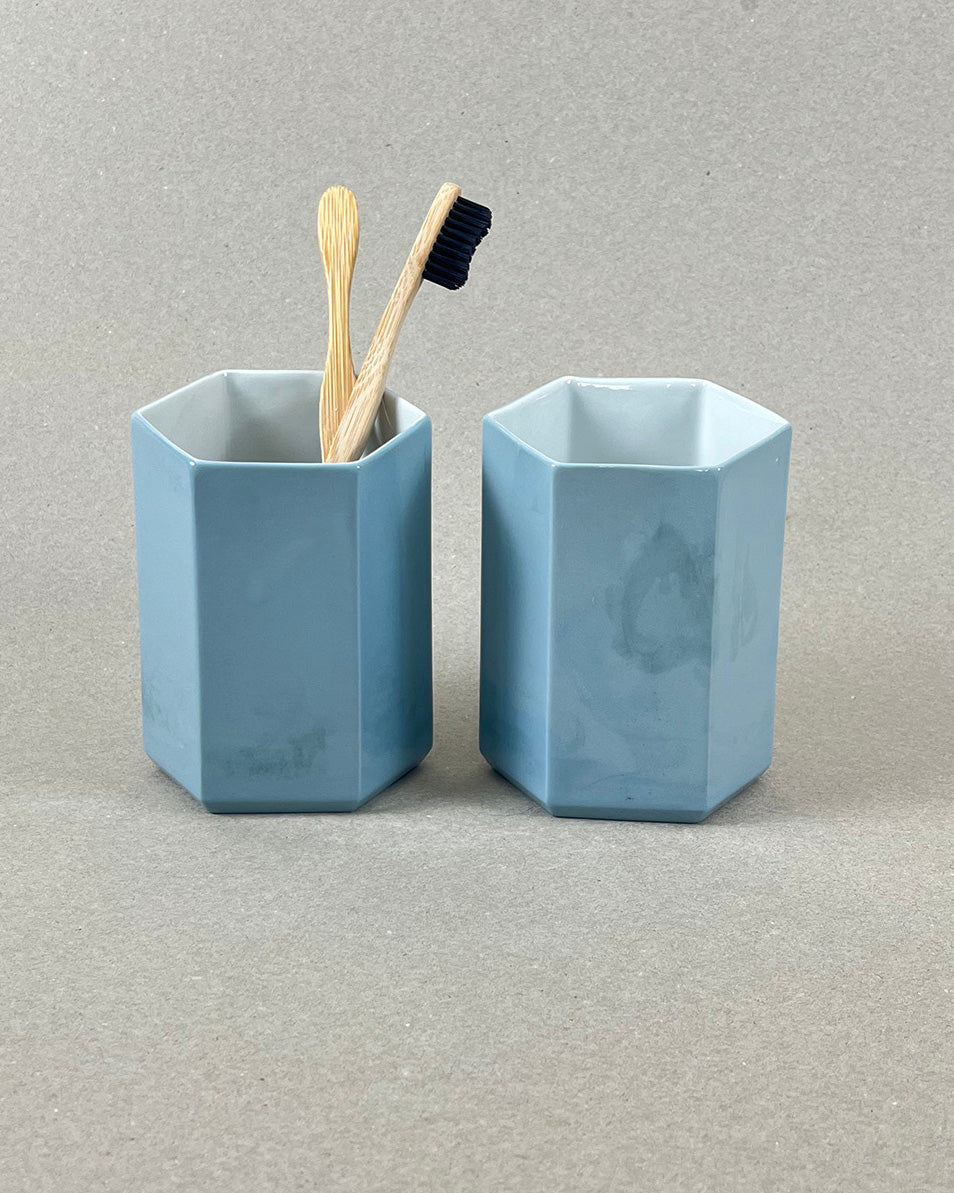 Pot à brosse-à-dent en porcelaine - "Histoire d'eau" - Vert de gris
