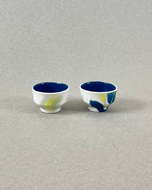 Pot à épices en porcelaine - "Doux breuvage" - Bleu canard, jaune et vert chartreuse - intérieur bleu canard