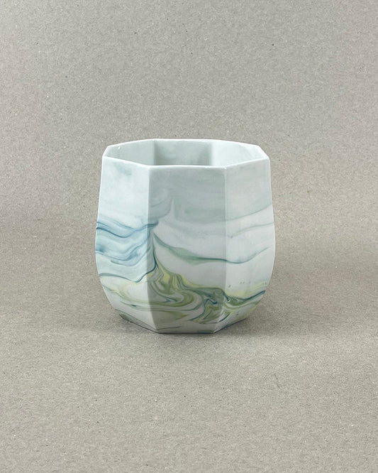 Cache-pot en porcelaine grande taille - "Ino" - Bleu canard, jaune et vert chartreuse, intérieur blanc