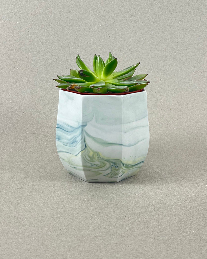 Cache-pot en porcelaine grande taille - "Ino" - Bleu canard, jaune et vert chartreuse, intérieur blanc