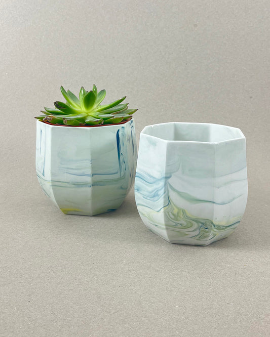 Cache-pot en porcelaine grande taille - "Ino" - Bleu canard, jaune et vert chartreuse, intérieur blanc