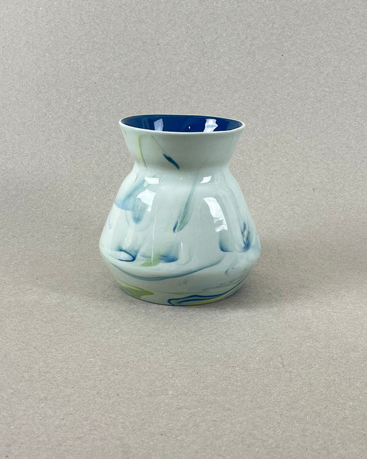 Vase en porcelaine - "Doux breuvage" - Bleu canard, jaune et vert chartreuse