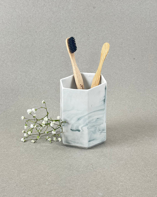 Pot à brosse-à-dent en porcelaine - "Histoire d'eau" - Blanc et vert