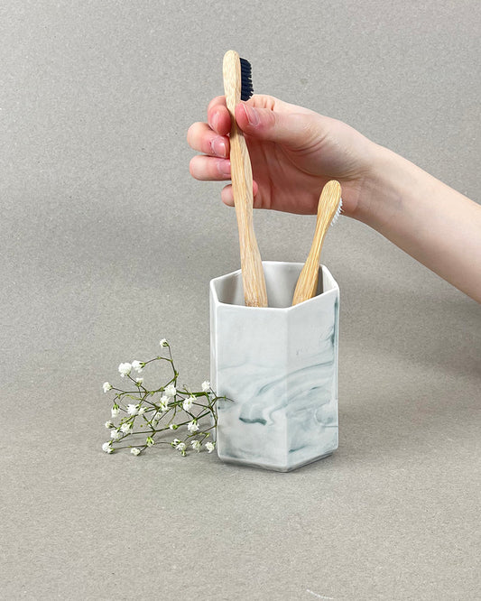 Pot à brosse-à-dent en porcelaine - "Histoire d'eau" - Blanc et vert