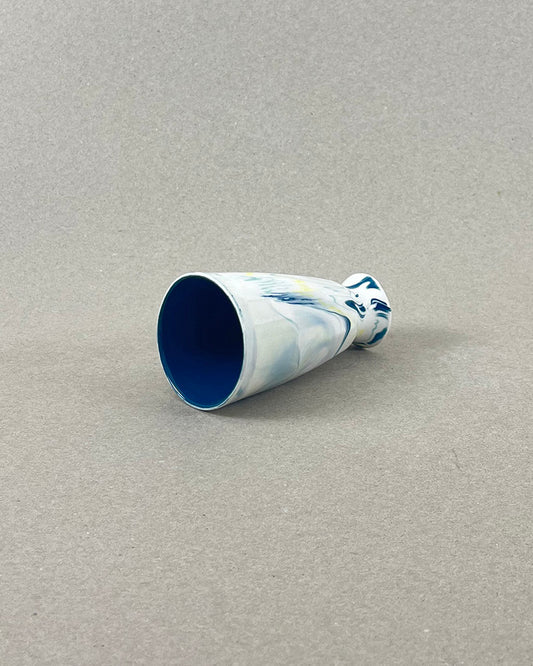 Mazagran en porcelaine - "Matins éternels" - Bleu canard, jaune et vert chartreuse, intérieur bleu