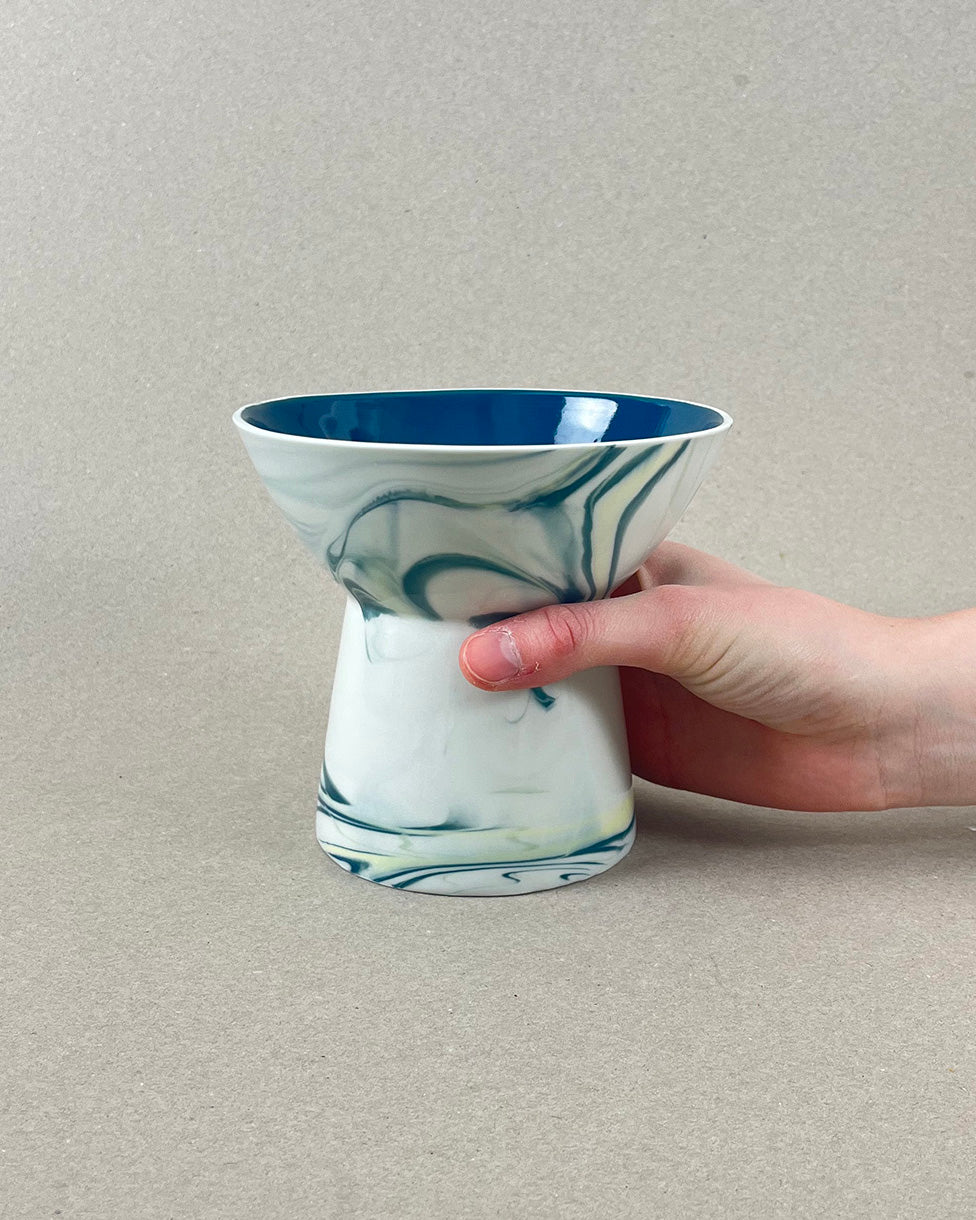 Vase coupelle en porcelaine - Bleu canard et jaune